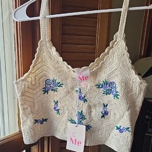 ME Makeover Essentials Cream Crochet Floral Crop Top